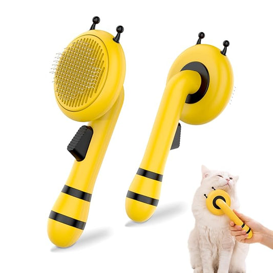 Bee Cat Brush, Self Cleaning Cat Brush with Release Button, Cat Hair Brush for Shedding, Pet Grooming Brush for Short and Long Haired Cats Dogs (Yellow)