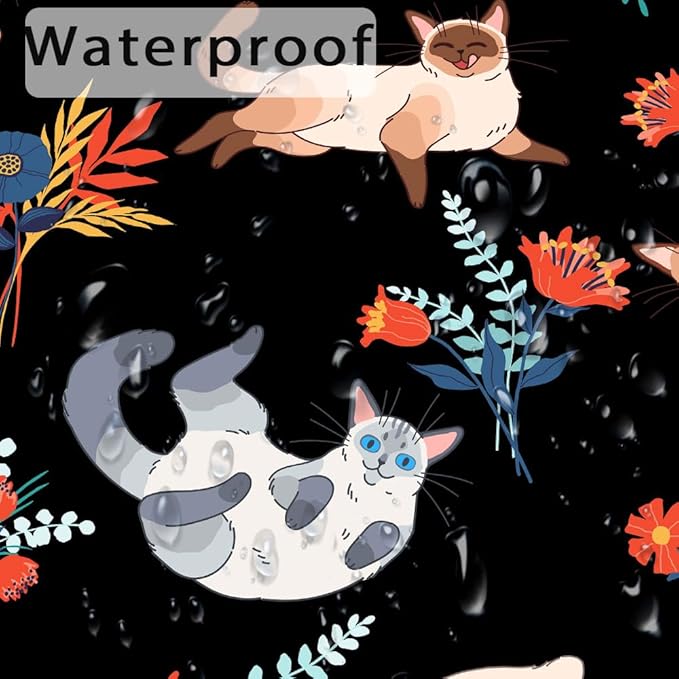 Cute Cat Shower Curtain With Flowers, Black for Bathroom Decor, Funny Set With Hooks, Kids 72X72in
