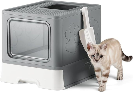 Enclosed Litter Box with Lid, X-Large Foldable Cat Litter Box, Covered Kitty Litter Box, Two-Way Entry and Exit Cat Box with Scoop, Odor Control, Easy to Clean(Grey)