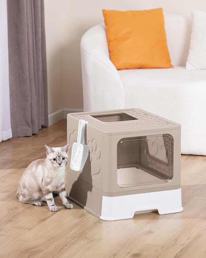 Enclosed Litter Box with Lid, X-Large Foldable Cat Litter Box, Covered Kitty Litter Box, Two-Way Entry and Exit Cat Box with Scoop, Odor Control, Easy to Clean(Coffee)