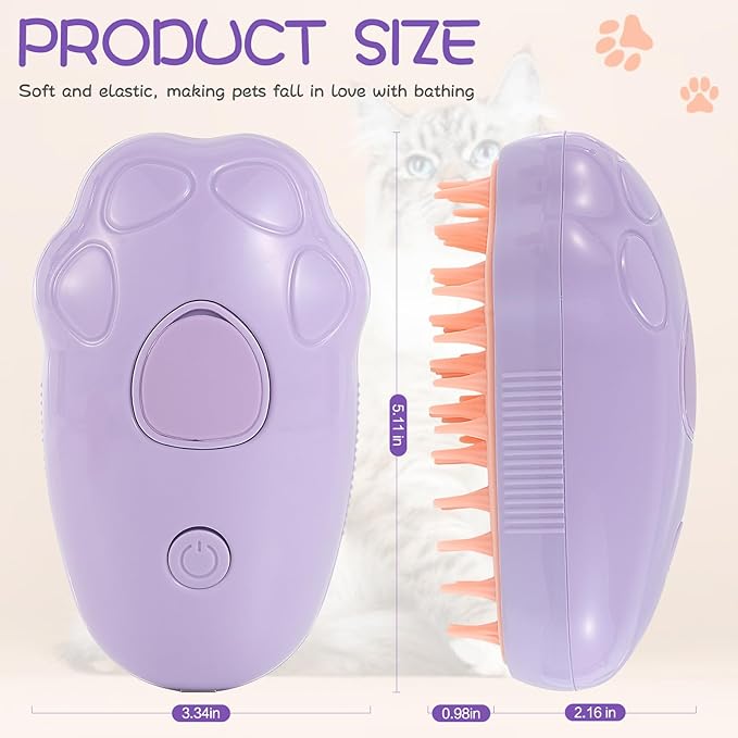 Rechargeable Cat Steam Brush for Shedding - Self Cleaning Steamy Cat Brush Cat Steamy 3-in-1 Pet Steam Brush - Spray, Massage & Hair Removal Grooming Tool, Purple