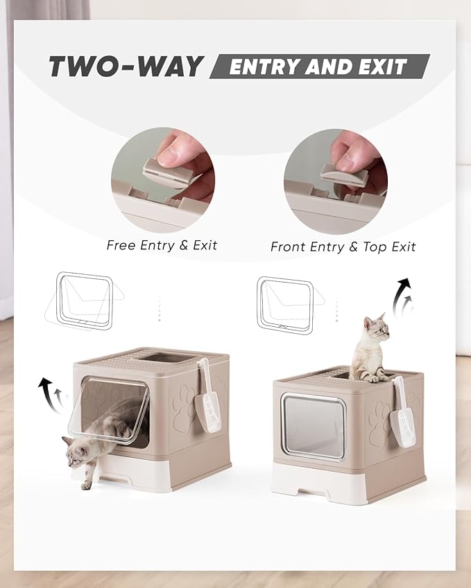 Enclosed Litter Box with Lid, X-Large Foldable Cat Litter Box, Covered Kitty Litter Box, Two-Way Entry and Exit Cat Box with Scoop, Odor Control, Easy to Clean(Coffee)