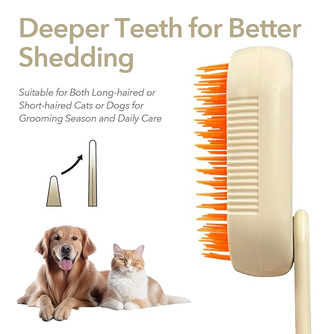 Long-Pin Spray Brush for Long Haired Cats & Dogs, 3-in-1 Design: Fur Remover, Massage and Clean, Steam Brush for Shedding, Steamy Dematting Brush For indoor Cats, Dogs and Rabbits (Khaqi)
