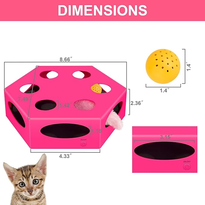 FluffyDream Interactive Cat Maze Box Toy, Electrical Cat Exercise Teaser Toy with Plush Tail & Ball Contains Bells, Fluffy Toys, Toys for Indoor Cats, Pets, Kitten, Kitty, Pink