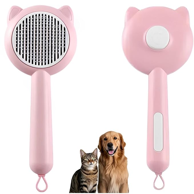 Cat Brush with Self Cleaning Button,Cat Hair Brush for Shedding,Pet Grooming Brush for Long or Short Haired Cats & Dogs,Easy to Removes Loose Fur,Pink