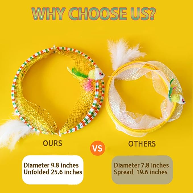 Folded Cat Tunnels for Indoor Cats, Cat Donut Tunnel, Cat Play Tunnels, Folded Cat Tunnel Spring,Cat Toy for Indoor Cats,Cat Toys Interactive for Indoor Cats (Yellow)