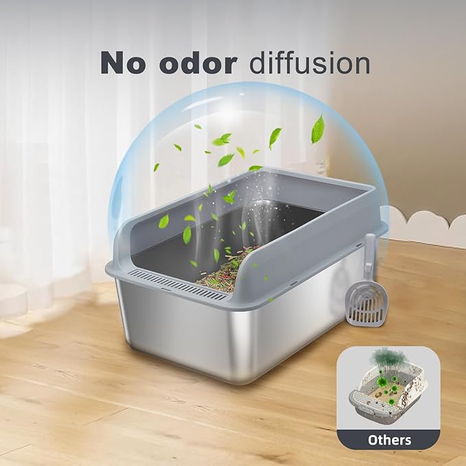 Stainless Steel Cat Litter Box, XL Extra Large Enclosure Litter Box for Small Big Cats, Filter Metal High Sided Litter Box with Scoop Mats, Non-Sticky Anti-Leakage Easy Cleaning