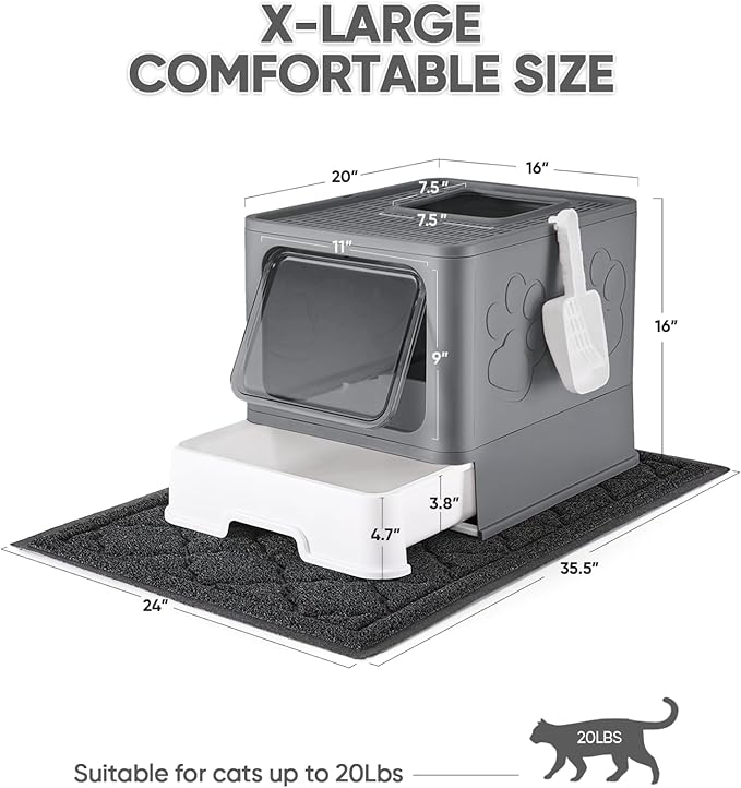 Cat Litter Box with X-Large Litter Mat and Scoop, Large Foldable Litter Box with Lid, Front Top Entry Exit Kitty Litter Box, Odor Control Easy Clean (Upgrade Dark Grey)
