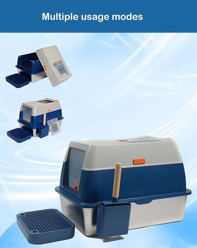 XL Stainless Steel Enclosed Litter Box with Covered, High Sides, Eliminates Odors, Hooded Cat Litter Box, Easy Clean, Extra Large Metal Litter Box with lid for Indoor Cats, Blue, FOXORU