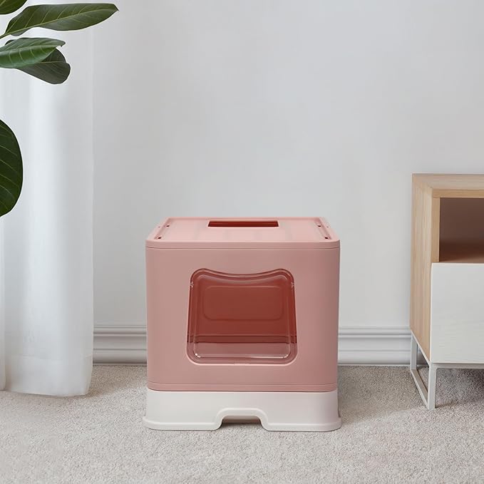 Foldable XL Cat Litter Box with Lid, Jumbo Enclosed Cat Potty, Top Entry Anti-Splashing Cat Toilet, Easy to Clean Including Cat Litter Scoop and 2-1 Cleaning Brush (Pink) Extra Large