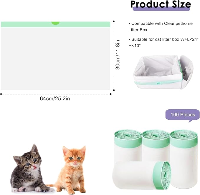 100 Count Self Cleaning Cat Litter Box Liner Bags Compatible with Automatic Cat Litter Box, Thick Heavy Duty Drawstring Replacement Waste Drawer Liners-25.2" x 11.8"