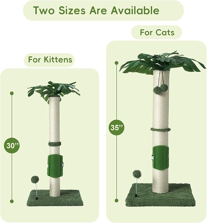 MECOOL Cat Scartching Post，30-inch Cute Scartching Posts for Indoor Cats and Kittens,Natural Sisal Rope and Hanging Ball Toy, Self-Grooming Brush,Green