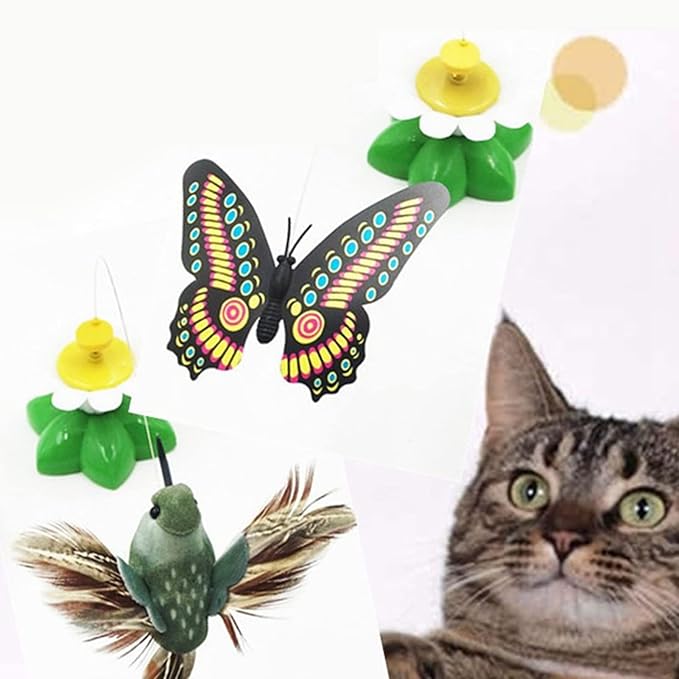 Pomya Cat Teaser Toy 360 Degree Rotating Flower Shape Interactive Kitten Toy with Electric Flying Butterflies, Easy Use, Help Loosing Weight, Self Rotating, and Relieve Boredom