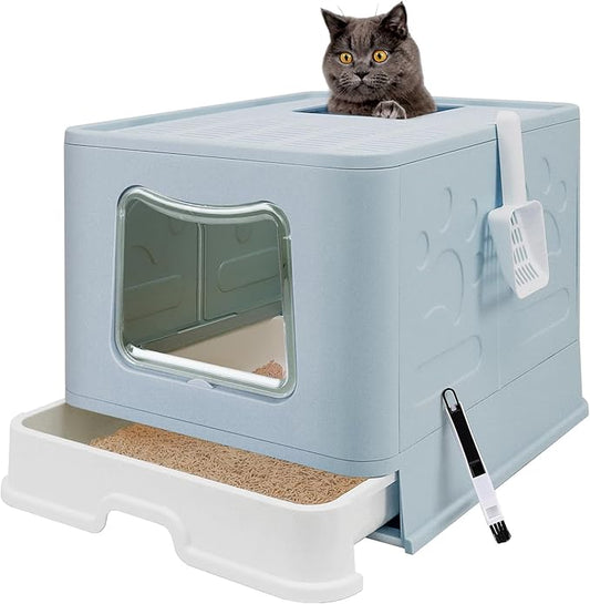 Foldable XL Cat Litter Box with Lid, Jumbo Enclosed Cat Potty, Top Entry Anti-Splashing Cat Toilet, Easy to Clean Including Cat Litter Scoop and 2-1 Cleaning Brush (Blue) Extra Large