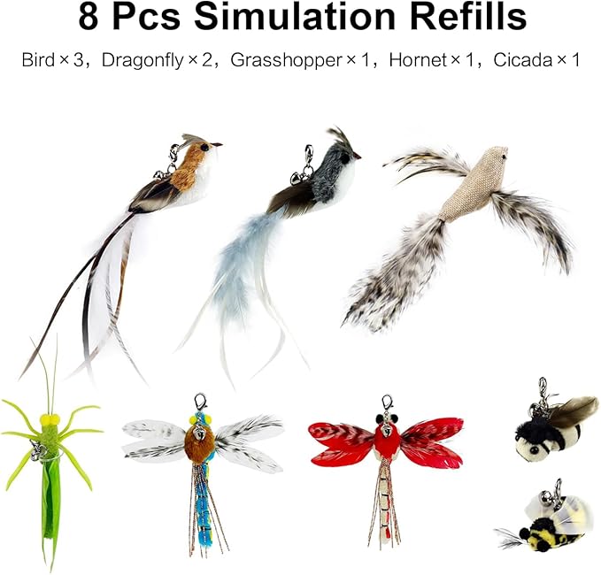 Cat Feather Toys with 1 Suction Cup,2 Cat Wands,8Pcs Birds and Insects Simulation Feather Refills with Bells, Interactive Toys for Indoor Cats and Kitten.