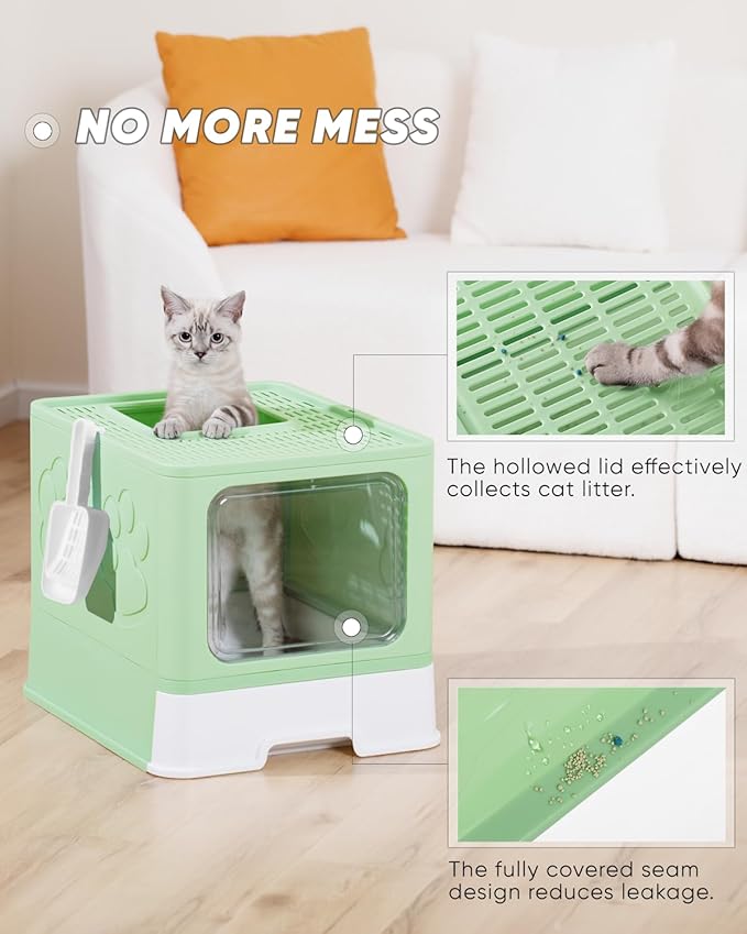 Enclosed Litter Box with Lid, X-Large Foldable Cat Litter Box, Covered Kitty Litter Box, Two-Way Entry and Exit Cat Box with Scoop, Odor Control, Easy to Clean(Green)