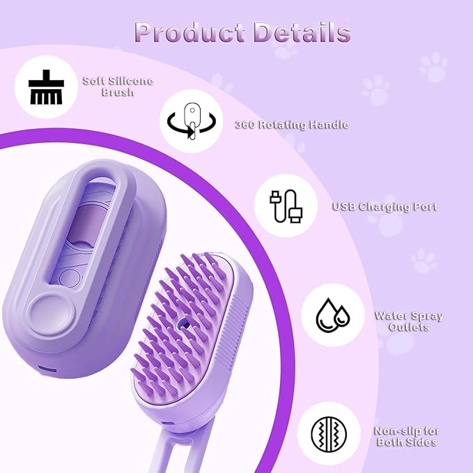 Cat Steam Brush for Shedding, 3 in 1 Cat Steam Brush with Foldable Handle, Steam Brush for Cats Dogs, Spritz Defur Comb for Cats, Water Brush for Cat, Pet Spray Hair Removal Comb