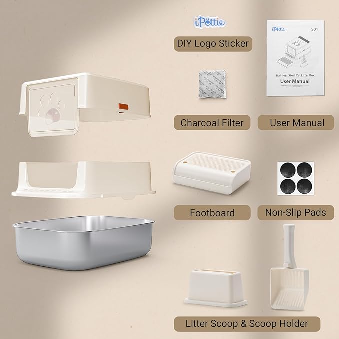 iPettie S01 20L Large Stainless Steel Litter Box, Odor-Reducing Smell Proof Charcoal Filter, Enclosed Litter Box with Cat Litter Scooper, Easy to Clean, Metal Litter Box with Lid