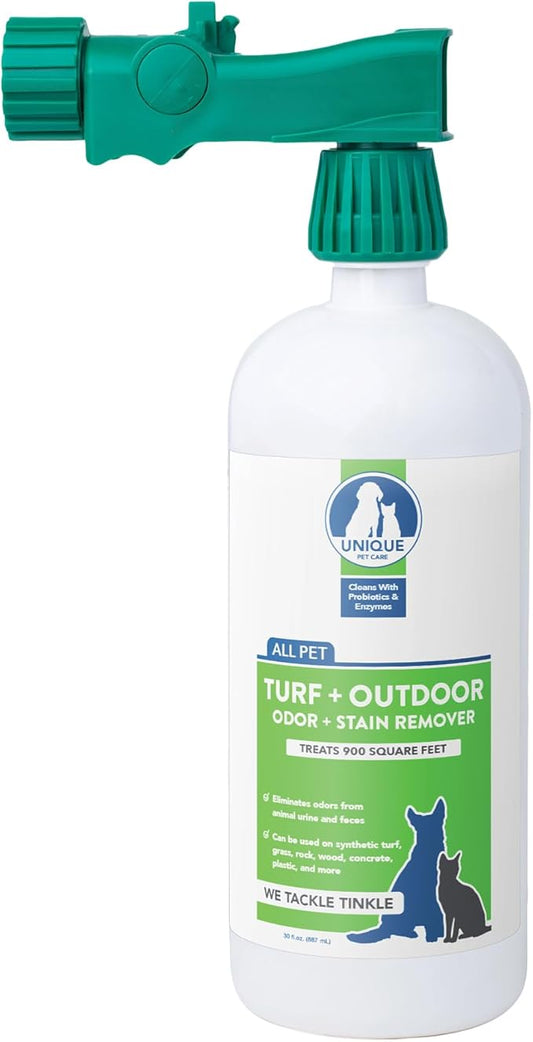Unique Turf & Outdoor Odor and Stain Remover with Hose-Connector Bottle, Outdoor Pet Odor Eliminator, Removes Animal Odors and Stains from Yard, Grass, Other Outdoor Spaces, 30 oz. Liquid Concentrate