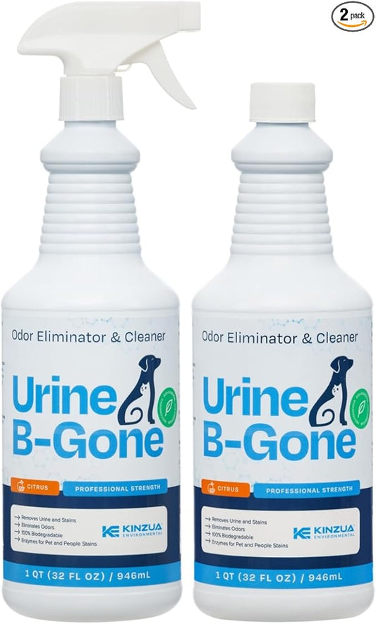 KINZUA ENVIRONMENTAL Urine B-Gone, Professional Enzyme Odor Eliminator & Pet Stain Remover, Human, Cat & Dog Urine Cleaner, Effective on Laundry, Carpets & More, Citrus Scent, 32oz, Pack of Two