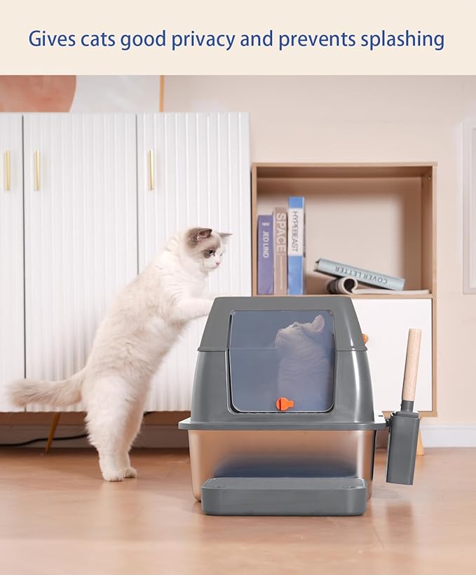 Ultimate XL Stainless Steel Litter Box with Lid Spacious & Stylish Enclosed Design for Big Cats, Multiple Cats, Odor-Free & Easy Cleaning, High Sided Cat Litter Pan with Cover Gray