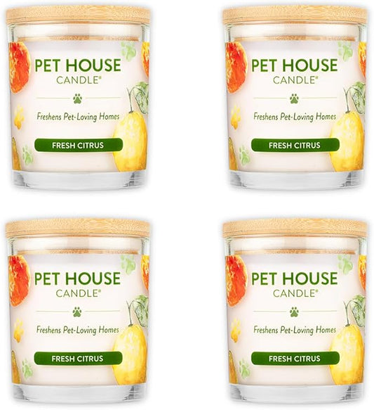 One Fur All Pet House Fresh Citrus Candles Plant-Based/Soy Candle - Clean Burning Scented Candles, Long Lasting Pet Odor Candle for Home - 4 Pack