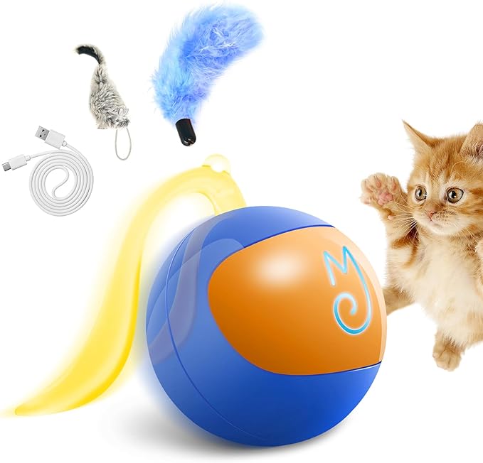 Migipaws Interactive Cat Ball Toy Set, Fun Tracker, Automatic Rolling Chase Ball with Fluffy Tail, A Small Mice, Rechargeable（Blue）