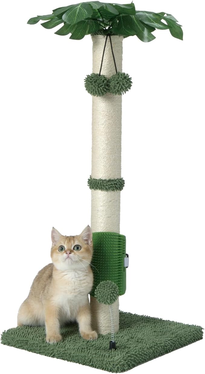 MECOOL Cat Scartching Post，30-inch Cute Scartching Posts for Indoor Cats and Kittens,Natural Sisal Rope and Hanging Ball Toy, Self-Grooming Brush,Green