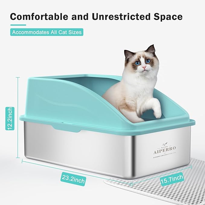Stainless Steel Cat Litter Box with High Side，XL Extra Large Enclosed Litter Box for Big Cats, Metal Litter Box High Sided, Anti-Urine Leakage, Include Cat Mat and All-Metal Litter Scoop (Turquoise)