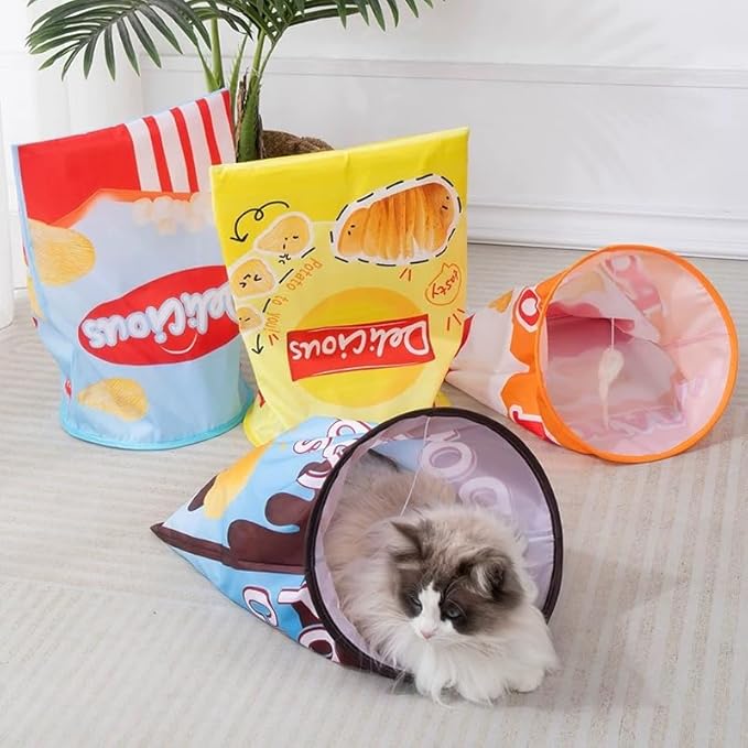 Creative Potato Chip Bag Folding Ring Paper Cat Tunnel Cat Toy Self High Fun Hide and Seek Rolling Dragon Channel Cat Drill Bag with Hanging Toy Pet Supplies (Brown)