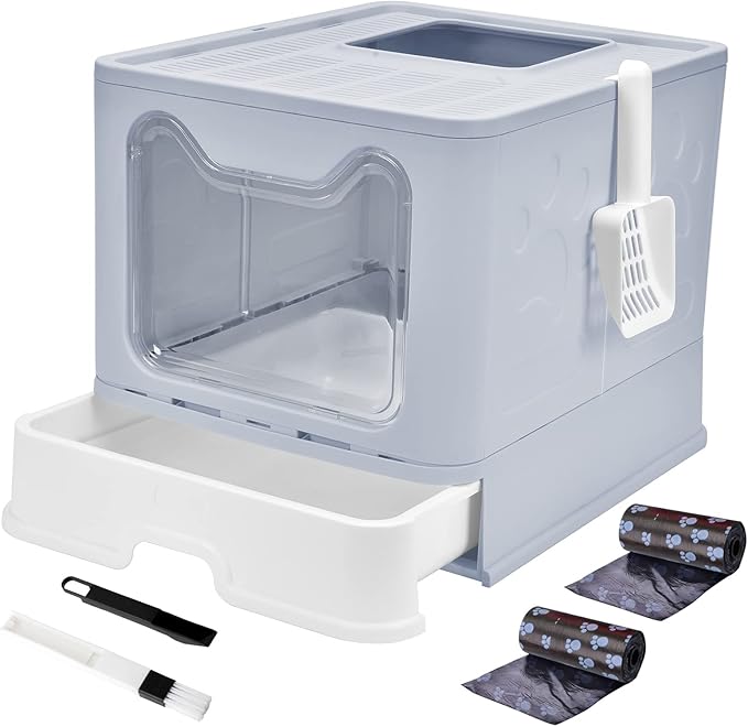 Cat Litter Box with Lid, Top Entry Cat Litter Box Pan, Enclosed Cat Potty, Anti-Splashing Cat Toilet, Foldable Litter Box Large Covered Cat Supplies with Scoop Brush and Garbage Bag