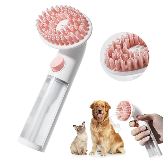 Pet Bath Brush Shampoo Dispenser for Cats Dogs, Cat Clean & Massage Brush With Soft Silicone Bristles for Pet Grooming Washing (White & Pink)