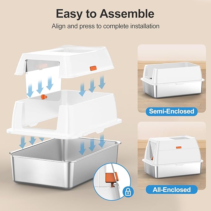 Stainless Steel Litter Box with Lid,Extra Large Enclosed Removable Cat Litter Boxes for Big Cats,Top Entry Metal Kitty Litter Box with Cover.Anti-Leakage,Easy Cleaning.Includes Scoop&Litter Mat-White