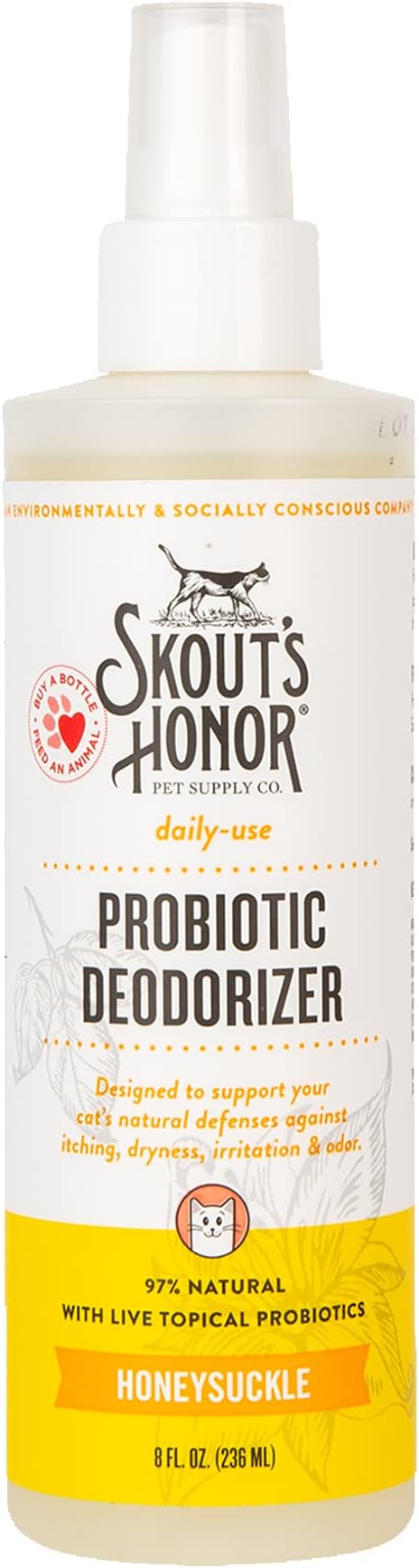 SKOUT'S HONOR Cat Deodorizer Spray- Hydrating Daily-Use with Avocado Oil & Omega-3s, Paraben & Sulfate-Free, 97% Natural, 8oz, Honesuckle