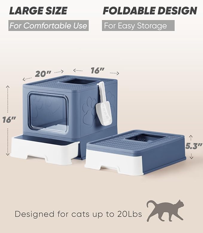 Enclosed Litter Box with Lid, X-Large Foldable Cat Litter Box, Covered Kitty Litter Box, Two-Way Entry and Exit Cat Box with Scoop, Odor Control, Easy to Clean(Blue)