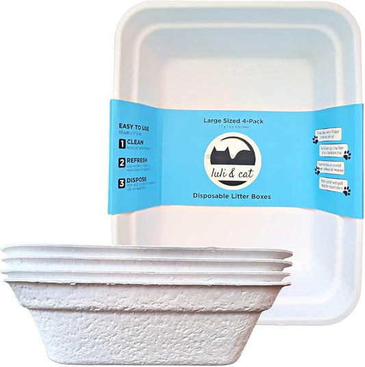 Luli & Cat Disposable Litter Boxes for Cats | Large Sized White Colored 4-Pack | Durable and Water Resistant