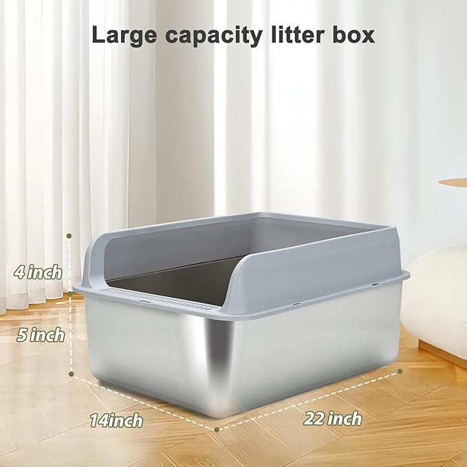 Stainless Steel Cat Litter Box, XL Extra Large Enclosure Litter Box for Small Big Cats, Filter Metal High Sided Litter Box with Scoop Mats, Non-Sticky Anti-Leakage Easy Cleaning