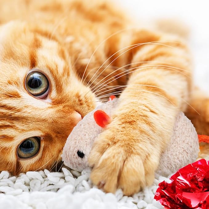 LOGOFUN 4Pcs Cat Mice Toy Plush Cat Mouse Toys Kitten Mice Chew Toy Kitten Mouse Molar Toy for Pet Supplies - Gray+Beige