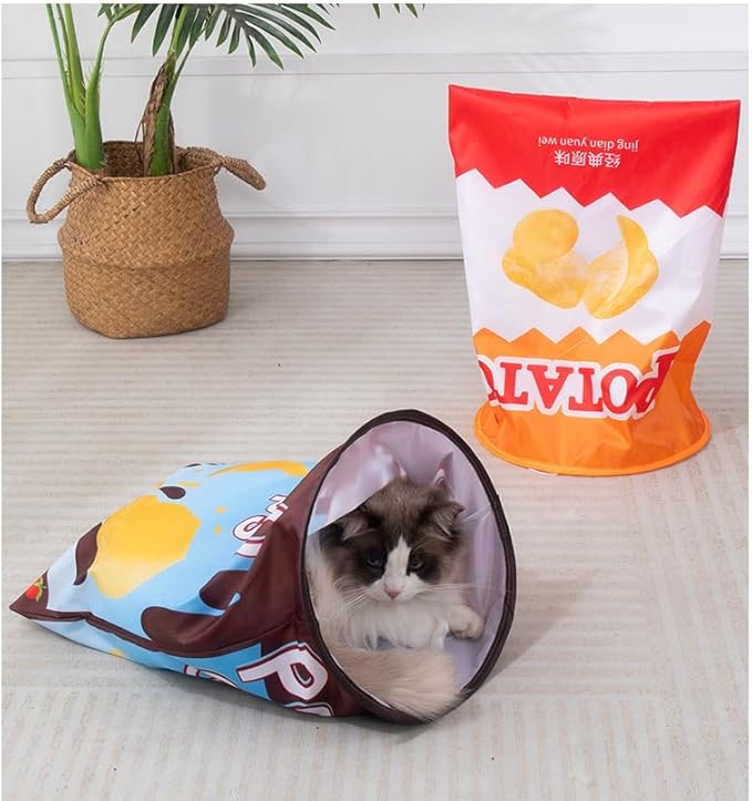 Creative Potato Chip Bag Folding Ring Paper Cat Tunnel Cat Toy Self High Fun Hide and Seek Rolling Dragon Channel Cat Drill Bag with Hanging Toy Pet Supplies (Brown)