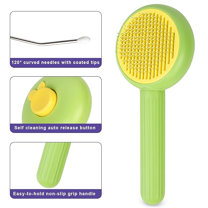 Self-Cleaning Slicker Brush for Dogs & Cats - Efficiently Removes Shedding Hair, Tangles, and Mats - Suitable for Long & Short Haired Pets - with Skin-Friendly Massage Tips - Green