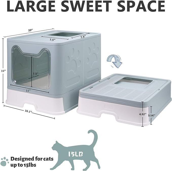 Foldable Cat Litter Box with Lid, Enclosed Cat Potty, Top Entry Anti-Splashing Cat Toilet, Easy to Clean Including Cat Litter Scoop and 2-1 Cleaning Brush (Blue) Large