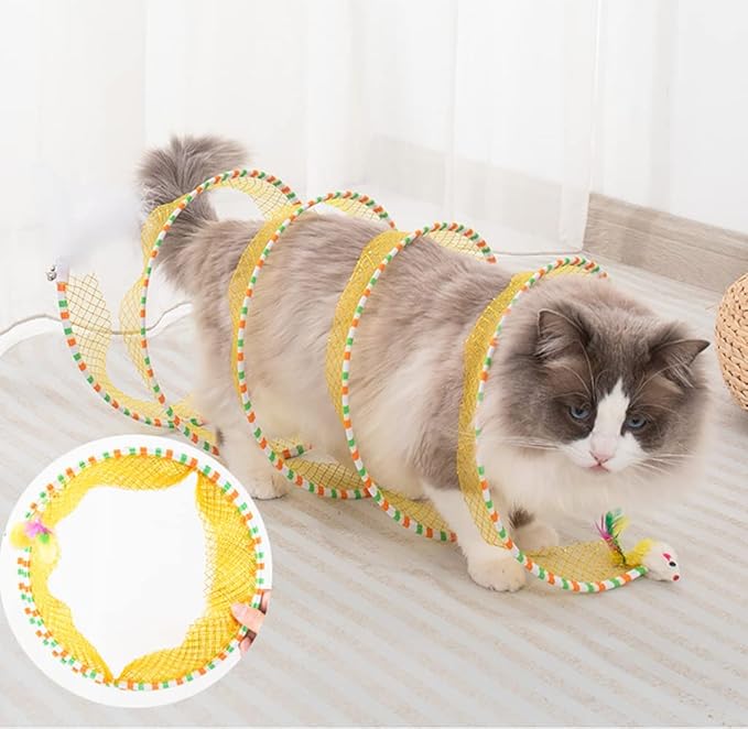 Folded Cat Tunnels for Indoor Cats, Cat Donut Tunnel, Cat Play Tunnels, Folded Cat Tunnel Spring,Cat Toy for Indoor Cats,Cat Toys Interactive for Indoor Cats (Yellow)