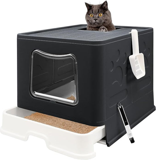 Foldable Cat Litter Box with Lid, Jumbo Enclosed Cat Potty, Top Entry Anti-Splashing Cat Toilet, Easy to Clean Including Cat Litter Scoop and 2-1 Cleaning Brush (Black) Extra Large