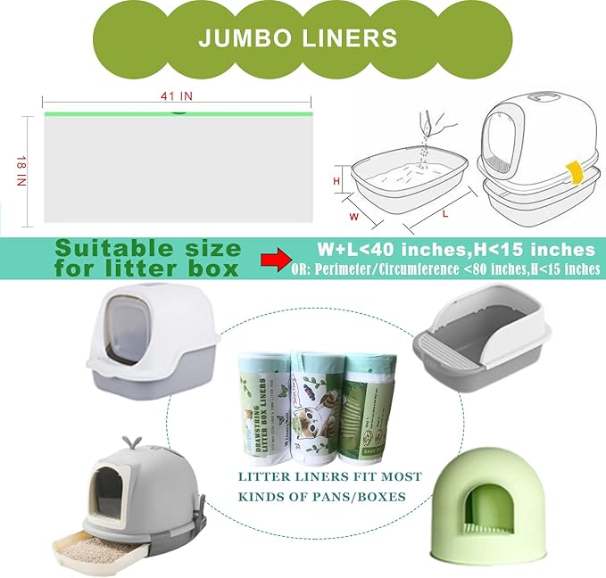 Jumbo Cat Litter Box Liners - 30 Count Extra Large Drawstring Bags, 4 Mils Thickness Pan Liner for Pet Cats and Kitties - 41" x 18" Oversized