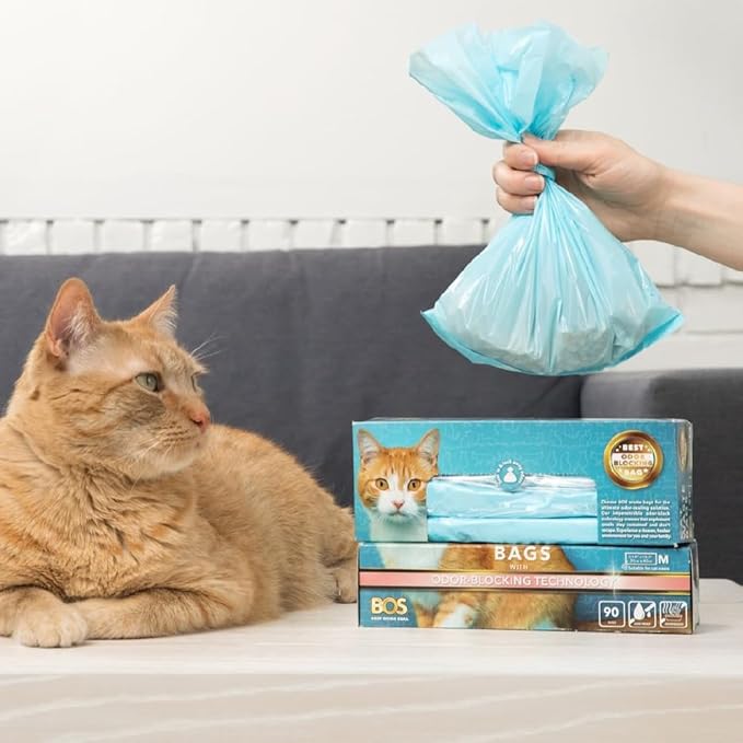 Best Odor-sealing Cat Waste Disposal Bags, BOS - Durable and Smell-free [Size: M, Color: Light blue] (90 Count, Pack of 2) (180 Bags)★Brand-new packaging design ★NOT a litter box liner