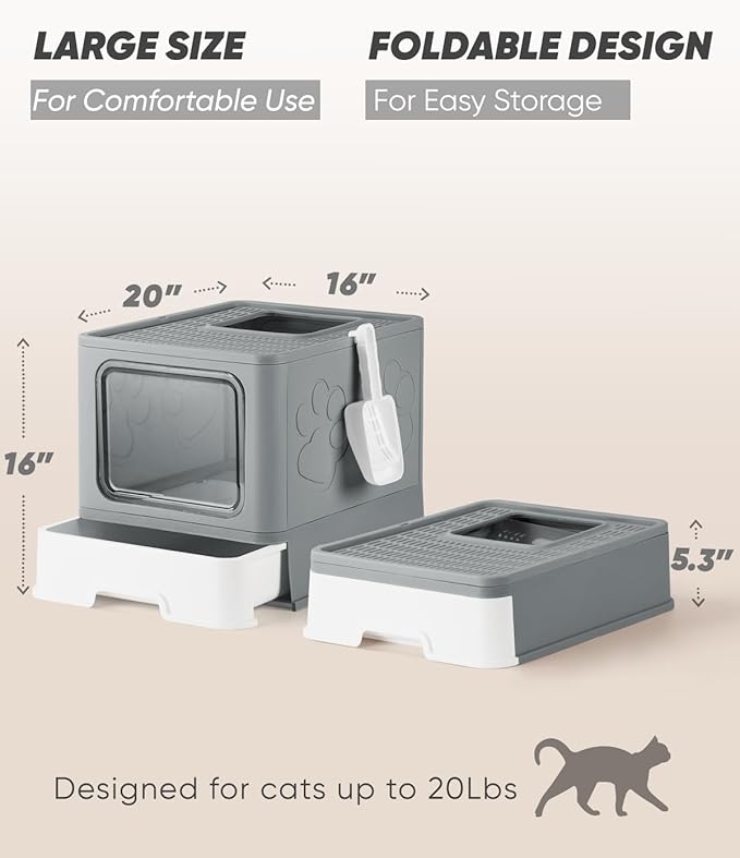 Enclosed Litter Box with Lid, X-Large Foldable Cat Litter Box, Covered Kitty Litter Box, Two-Way Entry and Exit Cat Box with Scoop, Odor Control, Easy to Clean(Grey)