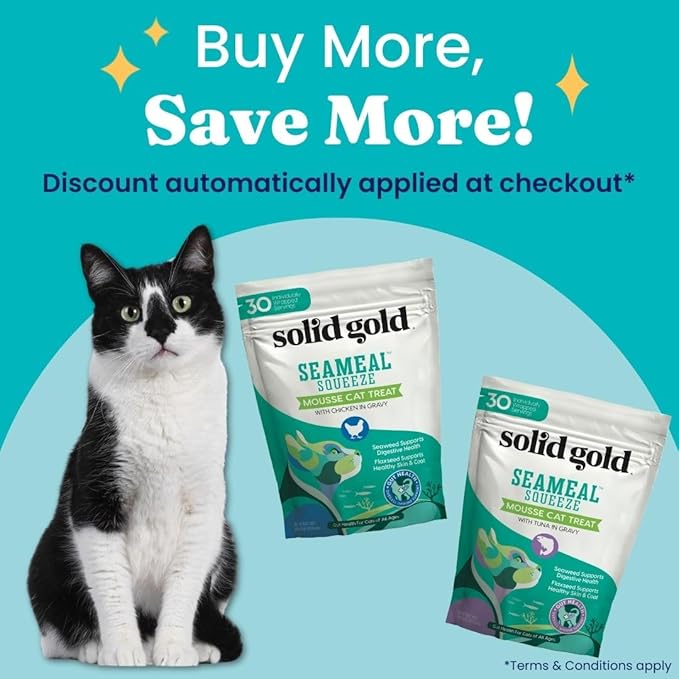 Solid Gold Lickable Cat Treats - Tuna SeaMeal Squeeze Squeezable Cat Treats for Indoor Cats 30 Pack - Made with Fiber-Rich Seaweed for Digestive Health for Immune Support - 3 oz / 30 Count