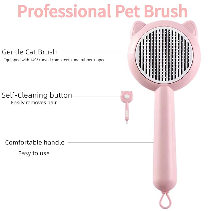 Cat Brush with Self Cleaning Button,Cat Hair Brush for Shedding,Pet Grooming Brush for Long or Short Haired Cats & Dogs,Easy to Removes Loose Fur,Pink
