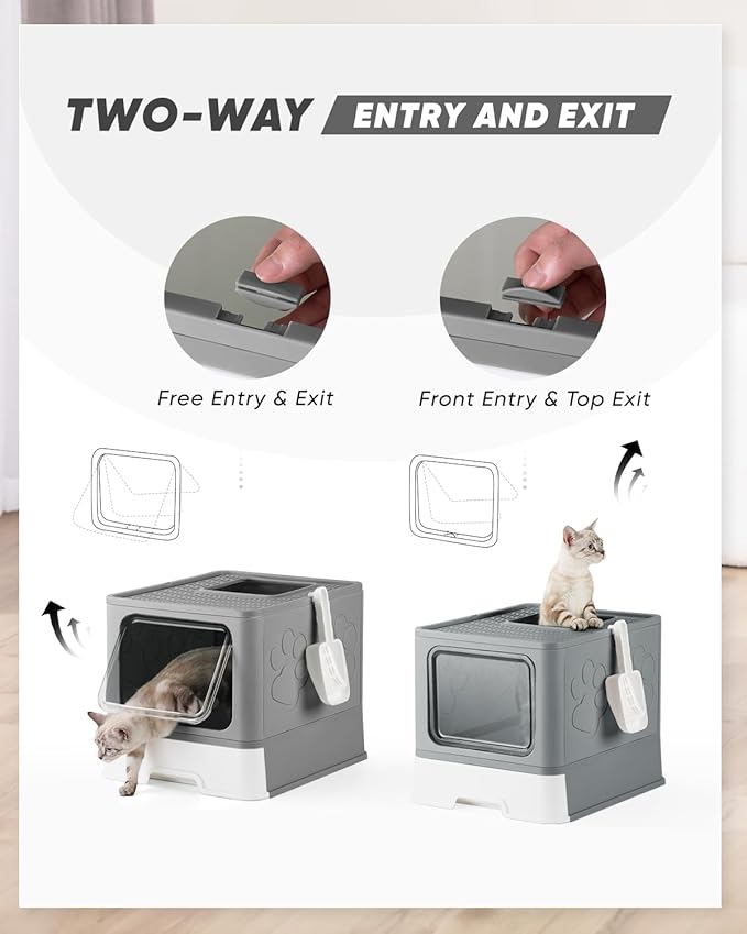 Enclosed Litter Box with Lid, X-Large Foldable Cat Litter Box, Covered Kitty Litter Box, Two-Way Entry and Exit Cat Box with Scoop, Odor Control, Easy to Clean(Grey)