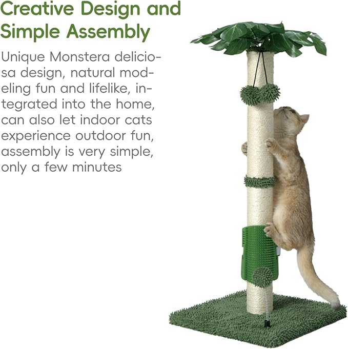 MECOOL Cat Scartching Post，30-inch Cute Scartching Posts for Indoor Cats and Kittens,Natural Sisal Rope and Hanging Ball Toy, Self-Grooming Brush,Green
